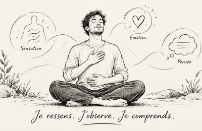 Illustration d'une personne à l'écoute de ses sensations corporelles, de ses émotions et de ses pensées.