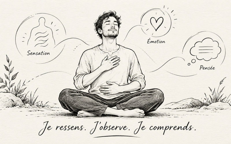 Illustration d'une personne à l'écoute de ses sensations corporelles, de ses émotions et de ses pensées.